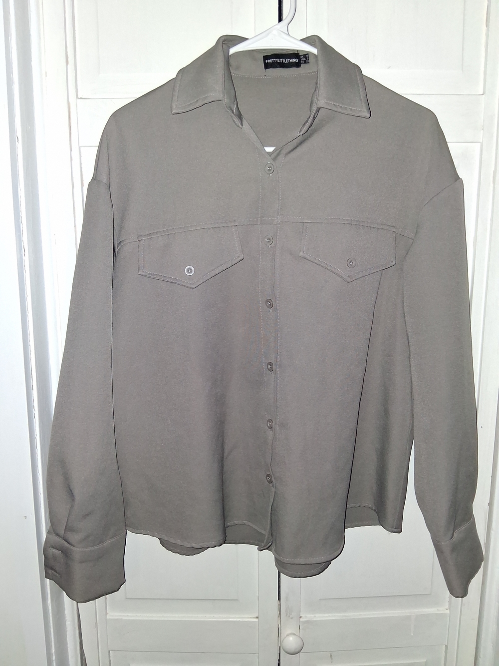 PrettyLittleThing Taupe Oversized Button-Up Crop Shacket Buffalo On Back